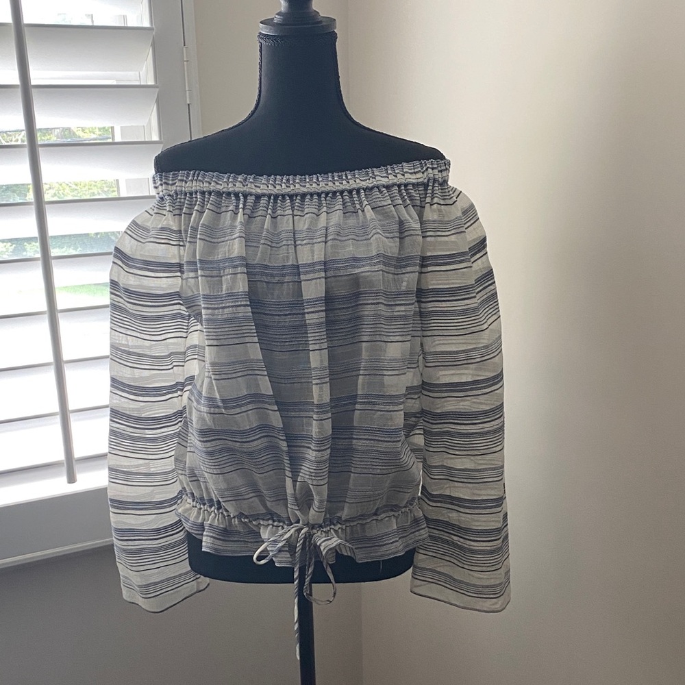 Theory Blue and White Striped Off-Shoulder Blouse